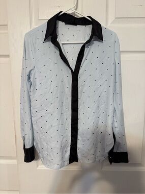 DKNY Light Blue Polka Dot Button-Down Shirt with Black Trim